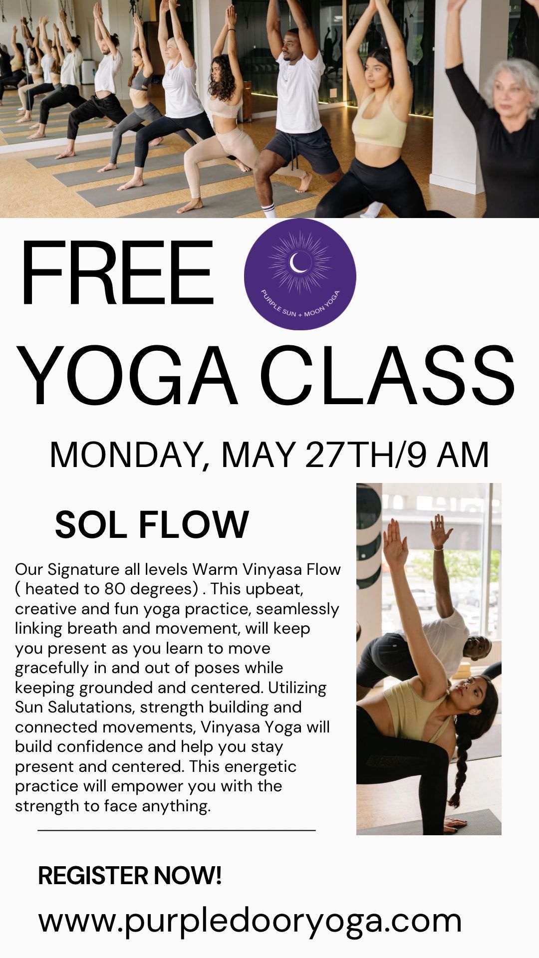 We have some spots available. FREE Sol Flow Yoga Class with Maggie & Andrew