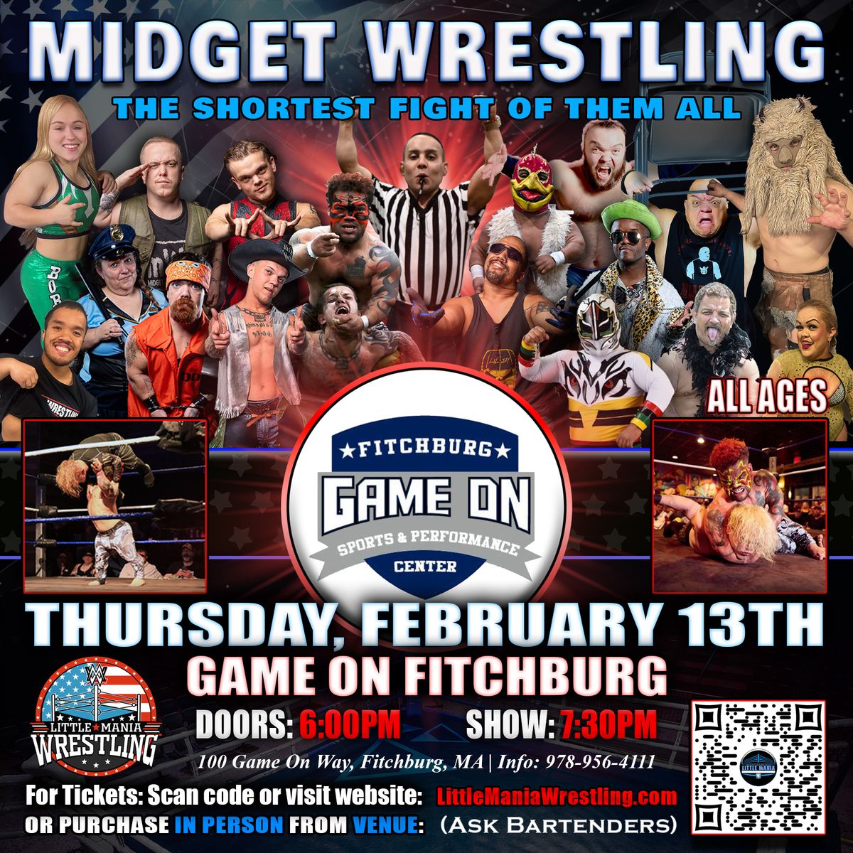 Fitchburg, MA - Midget Wrestling All * Stars "The Shortest Fight of All!" @ Game On Fitchburg