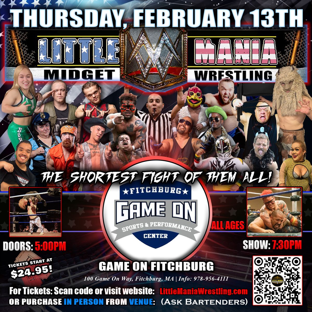 Fitchburg, MA - Midget Wrestling All * Stars "The Shortest Fight of All!" @ Game On Fitchburg