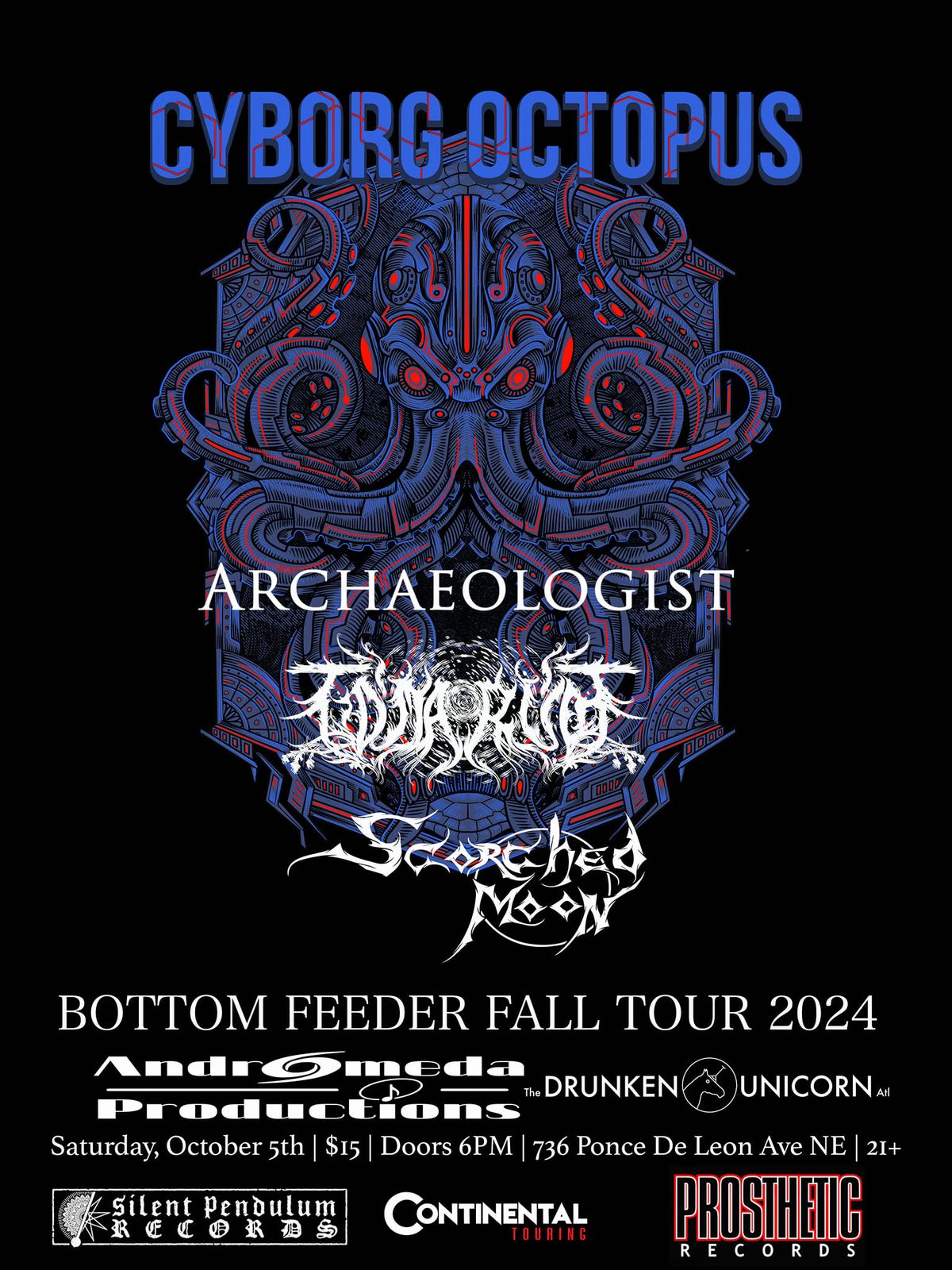 Cyborg Octopus, Archaeologist, T\u00f3mar\u00fam, & Scorched Moon @ Drunken Unicorn