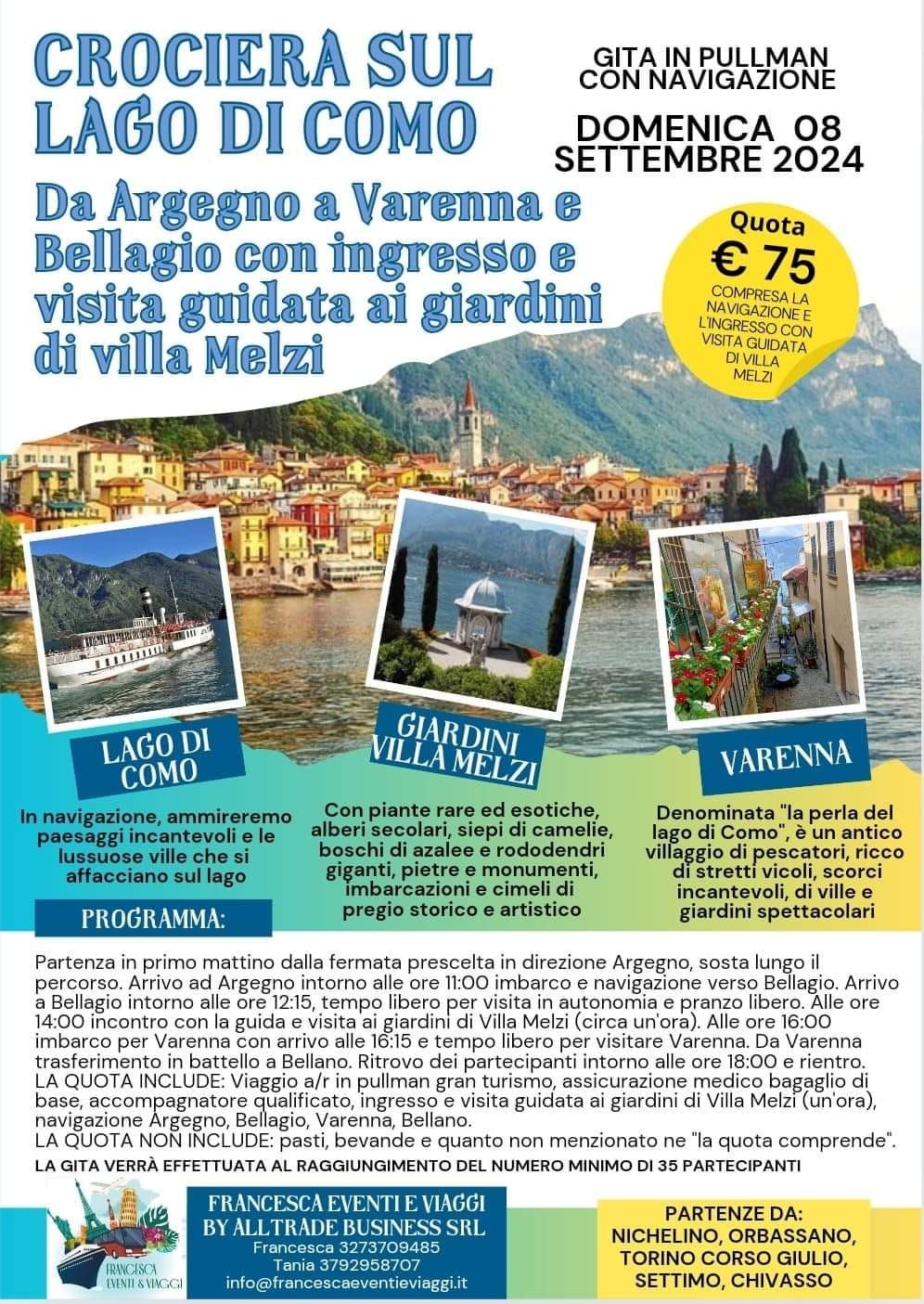 GITA CON NAVIGAZIONE SUL LAGO DI COMO, VISITA GUIDATA VILLA MELZI, TAPPA A VARENNA 