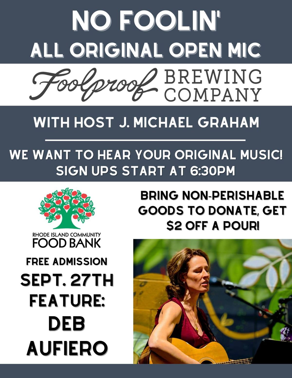 No Foolin' All Original Open Mic, hosted by J. Michael Graham with feature, Deb Aufiero