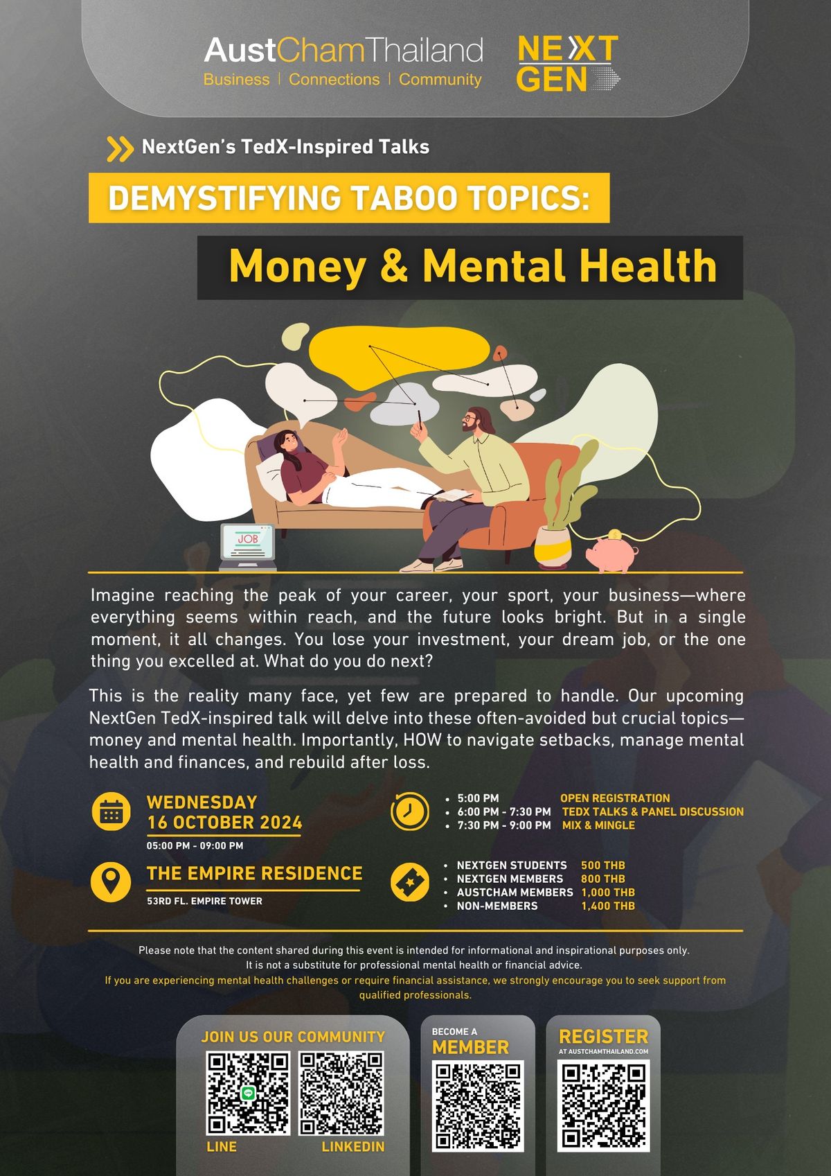 16 OCT \u2013 NextGen TedX-Inspired Talks: Demystifying the Taboo\u2014Money & Mental Health