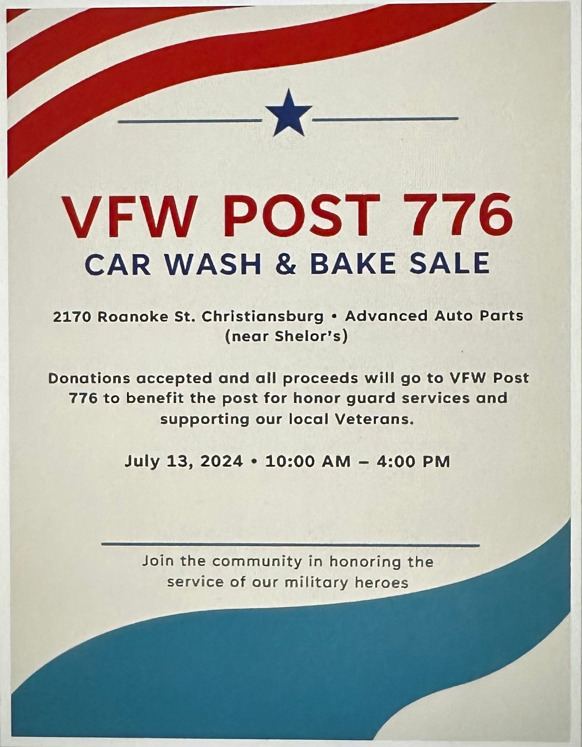 Car Wash and Bake Sale Post 776