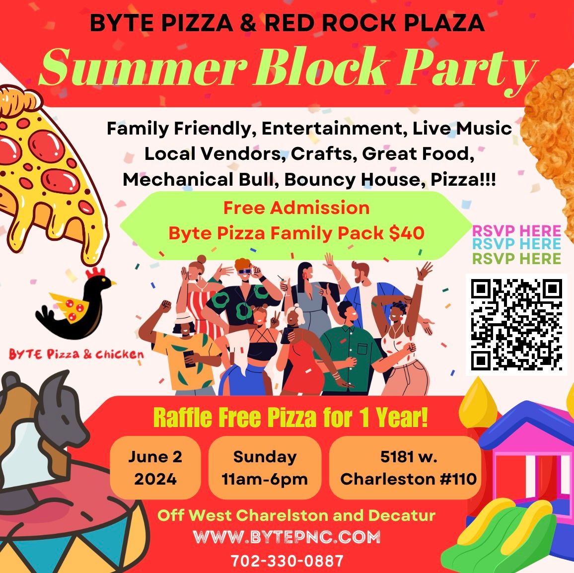 Family Friendly Summer Block Party Presented by Byte Pizza and Chicken at Red Rock Plaza.
