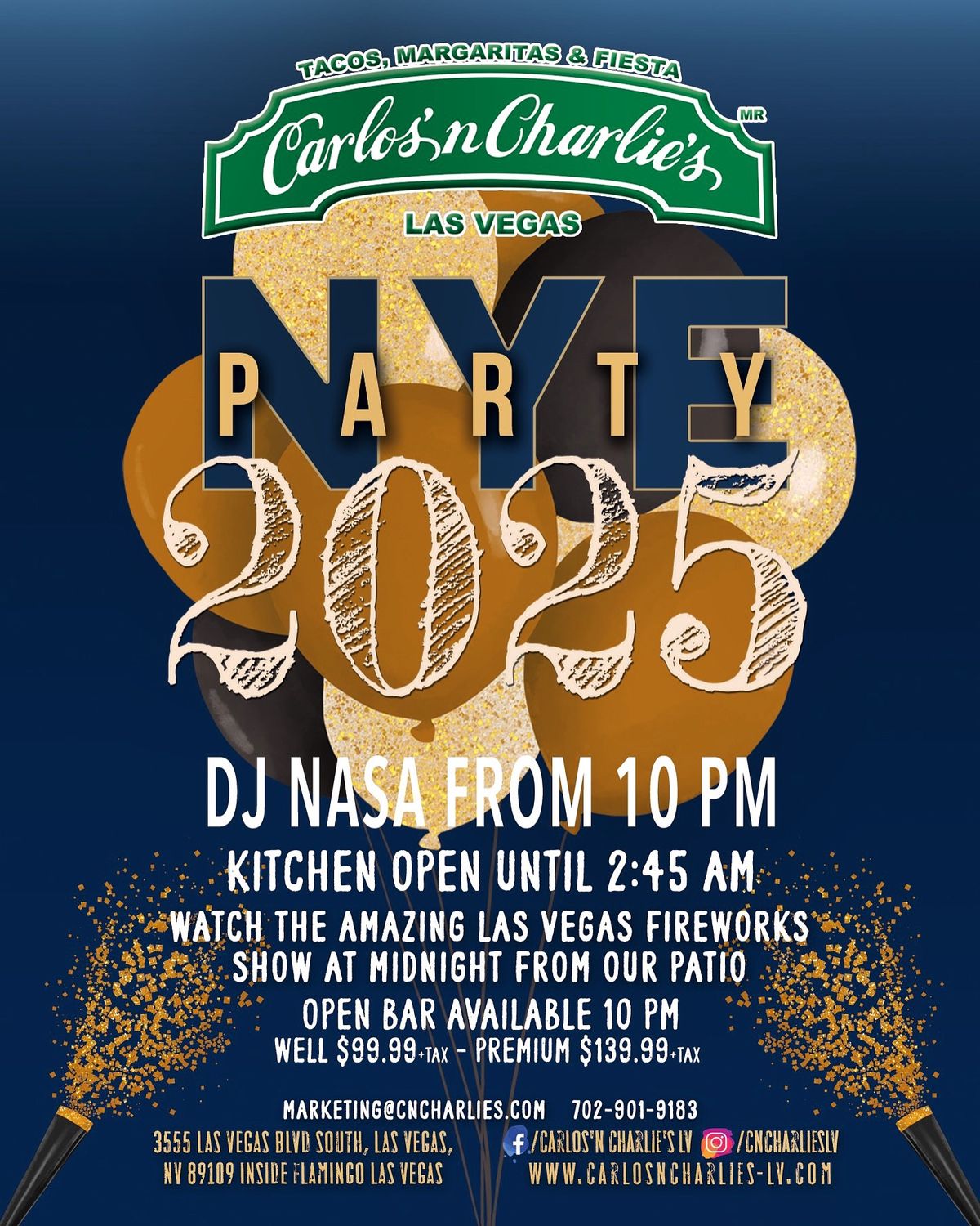 NYE OPEN BAR | DJ PARTY | Carlos'n Charlie's Las Vegas