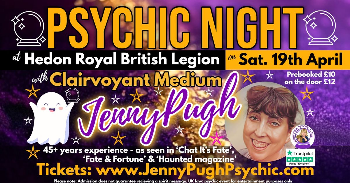 \ud83d\udd2e\u2b50\ud83d\udc7bPSYCHIC NIGHT\ud83d\udc7b\u2b50\ud83d\udd2eSat. 19th April at Hedon RBL with Clairvoyant Medium Jenny Pugh