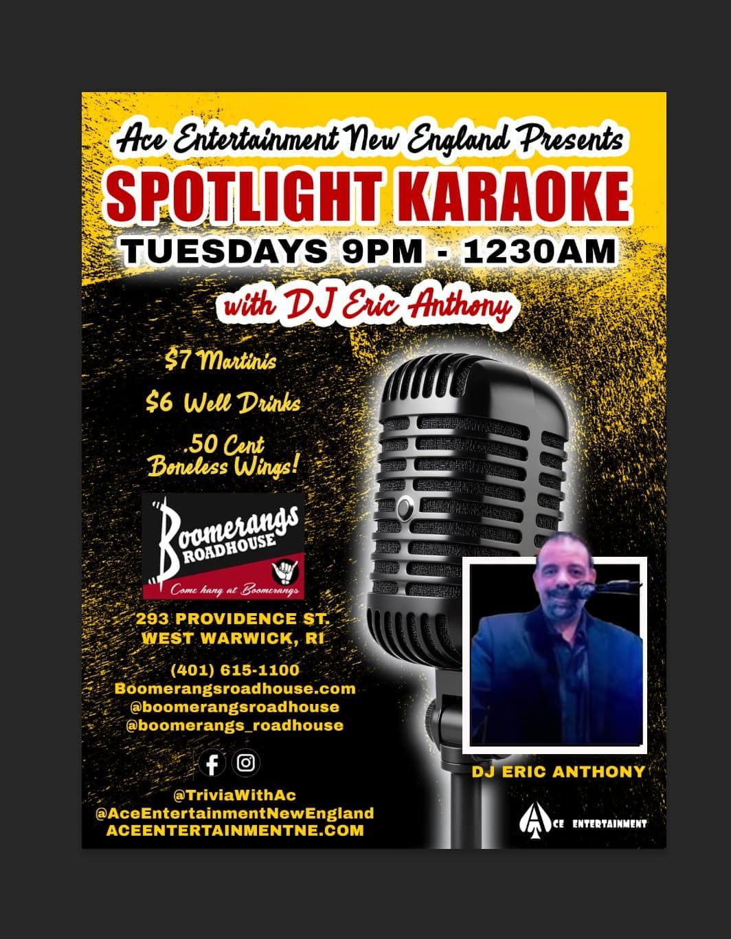 NEW!  Karaoke Night Tuesdays @ Boomerangs 9pm!