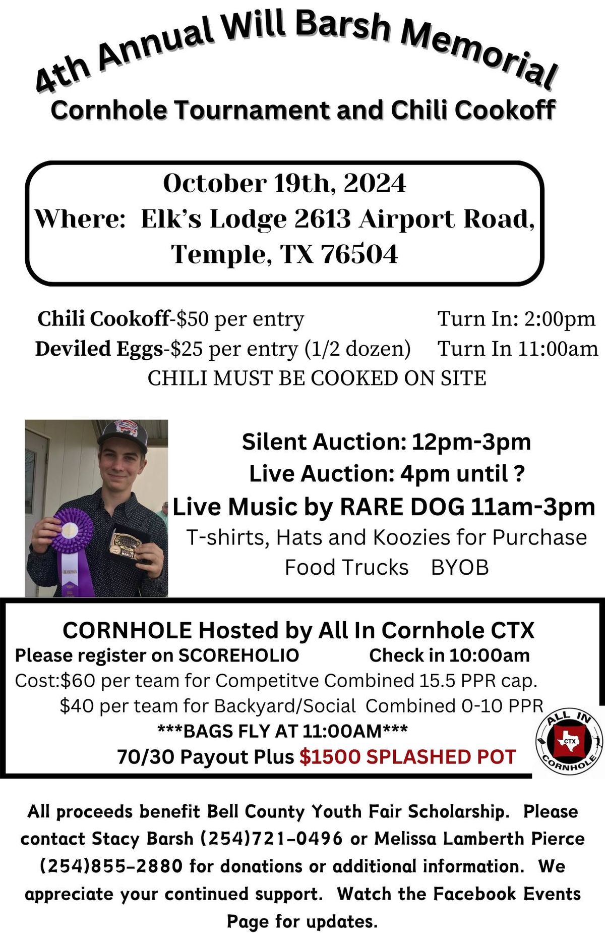 4TH ANNUAL WILL BARSH MEMORIAL-CORNHOLE TOURNAMENT AND CHILI COOKOFF