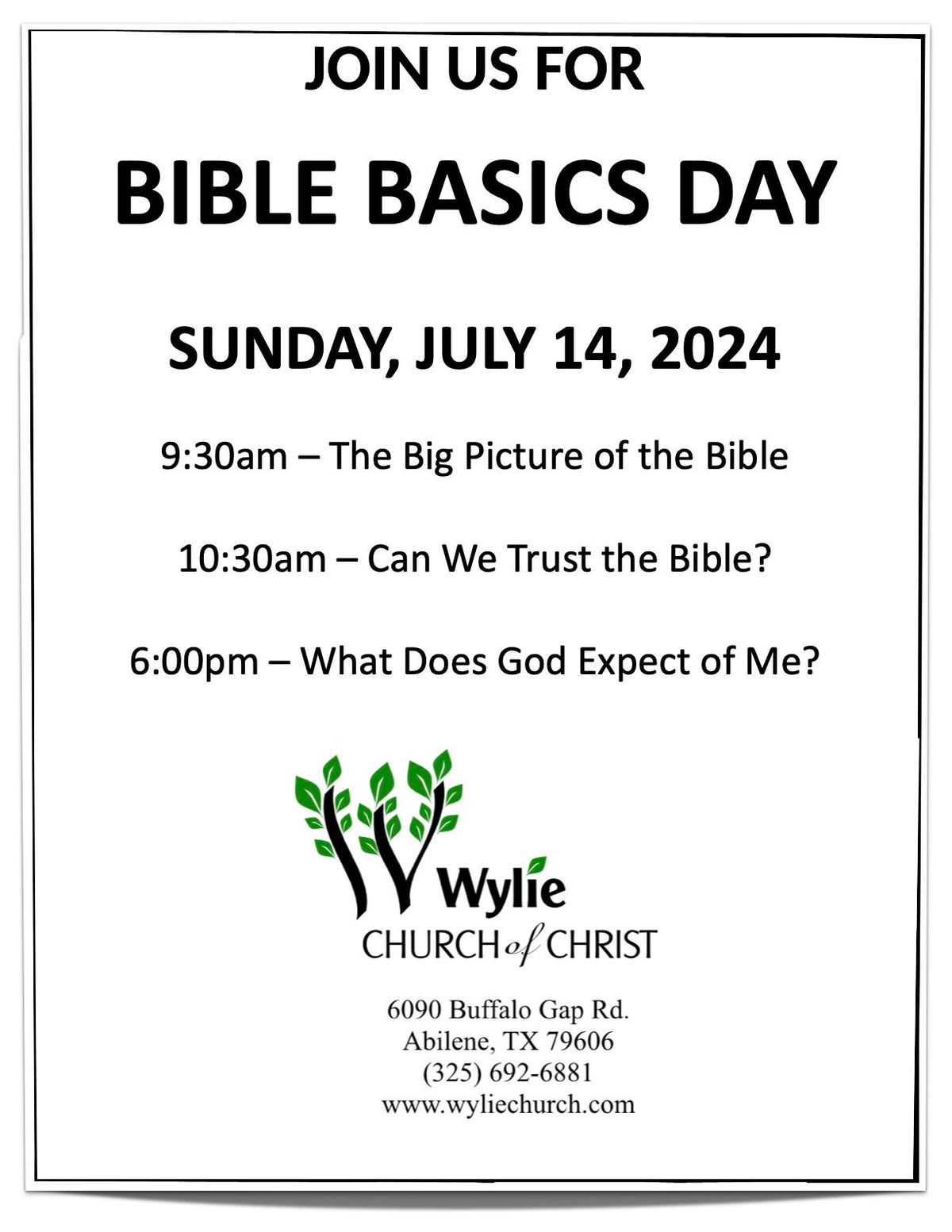 2024 Bible Basics Day July 14, 2024, 6090 Buffalo Gap Rd, Abilene, TX