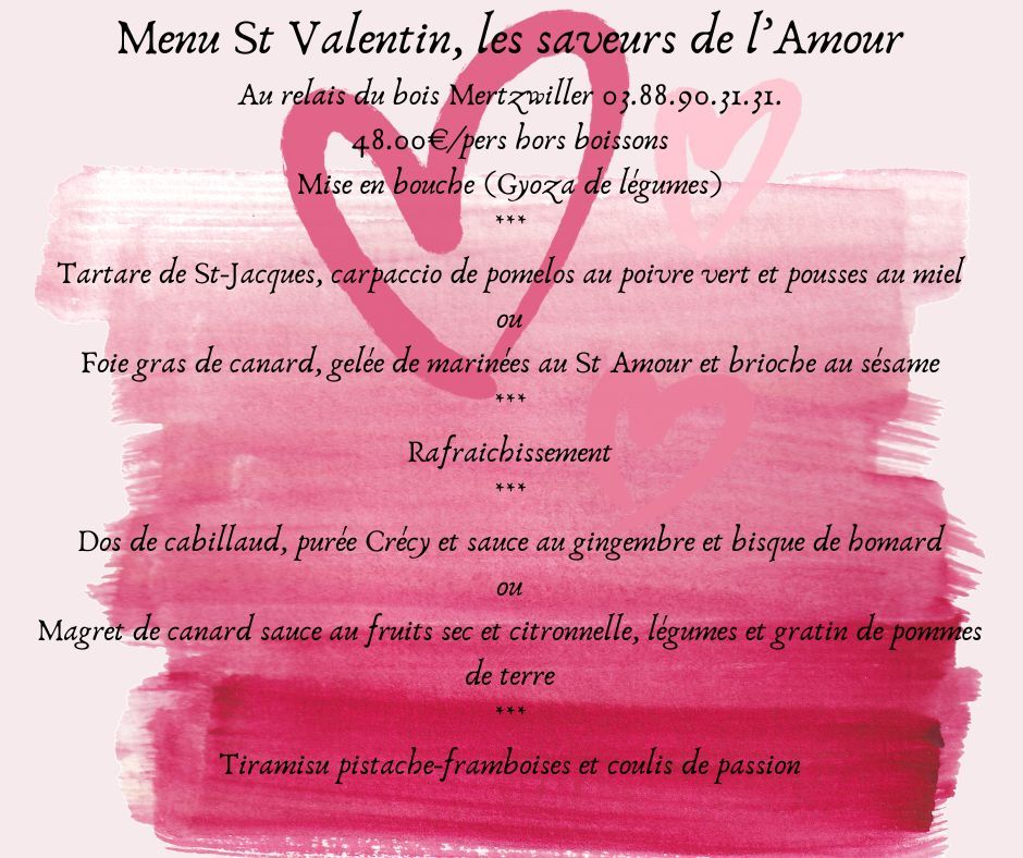 Menu de la St Valentin le 14 f\u00e9vrier au soir uniquement