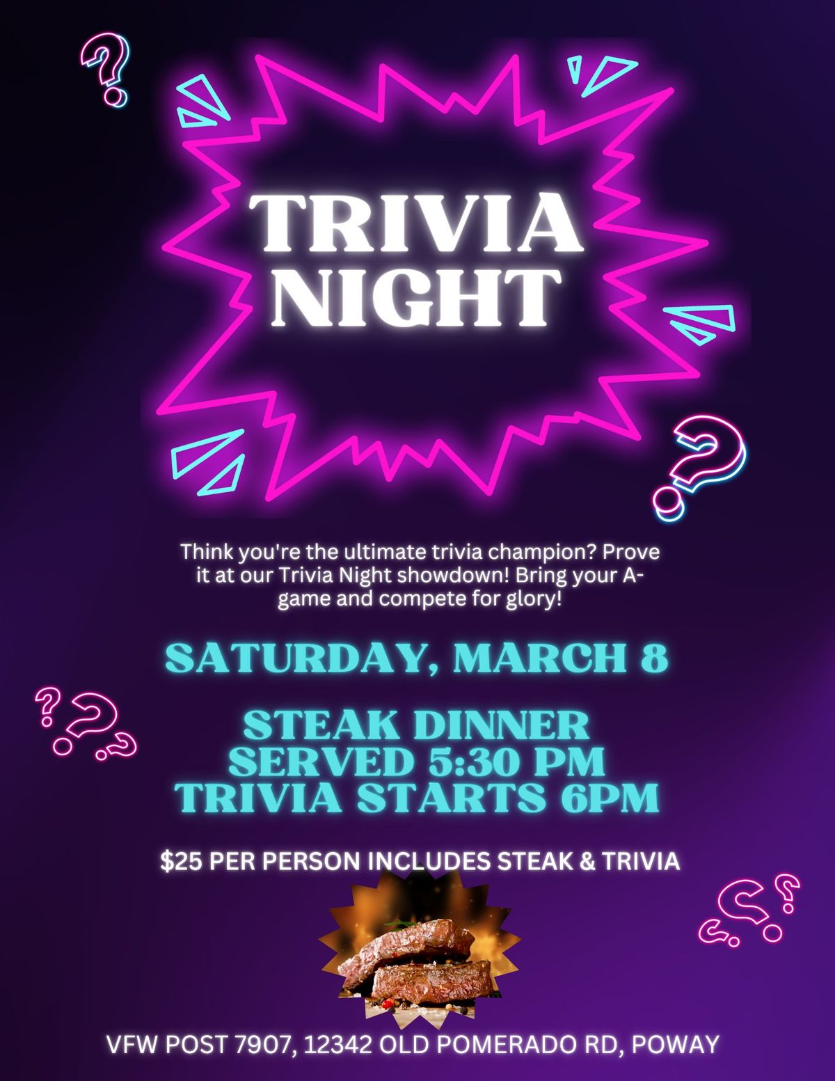 Steak dinner & Trivia Night!