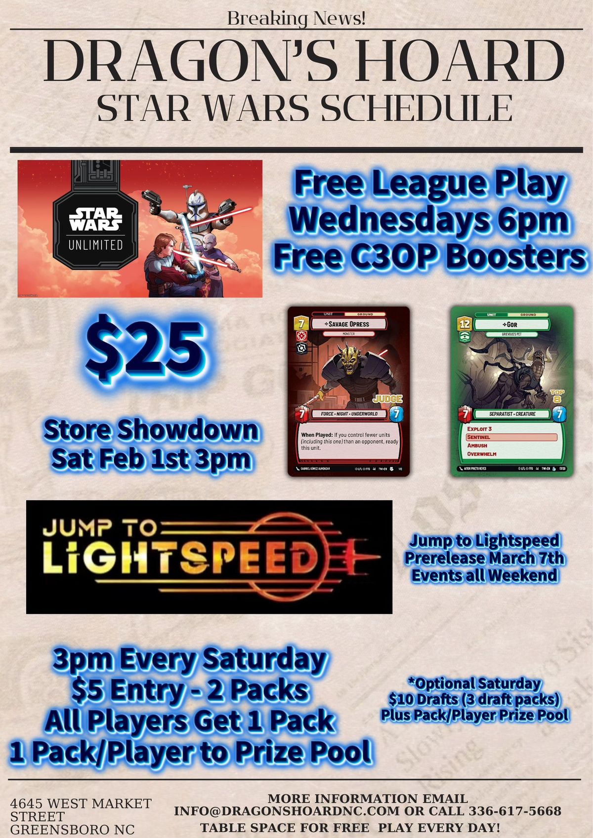 Star Wars Unlimited Saturday Tournaments and Drafts