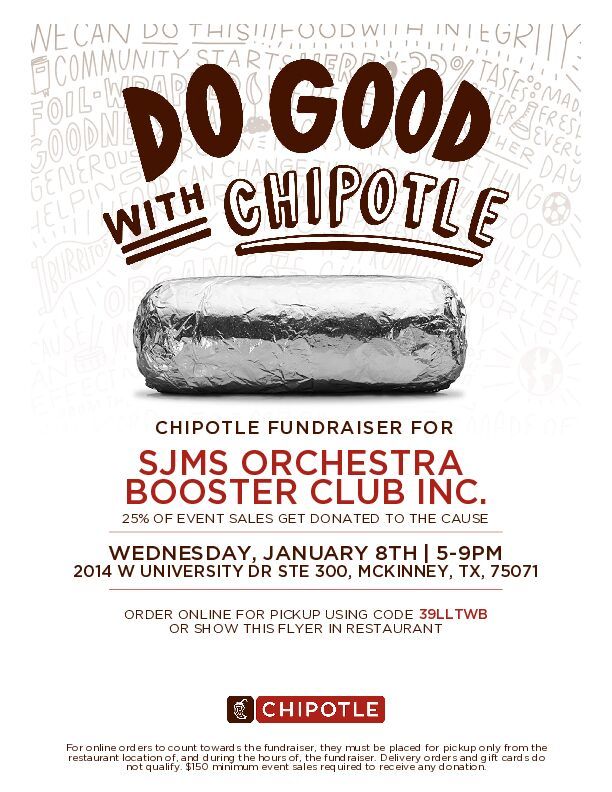 SJMS Orchestra Booster Club Spirit Night @ Chipotle!