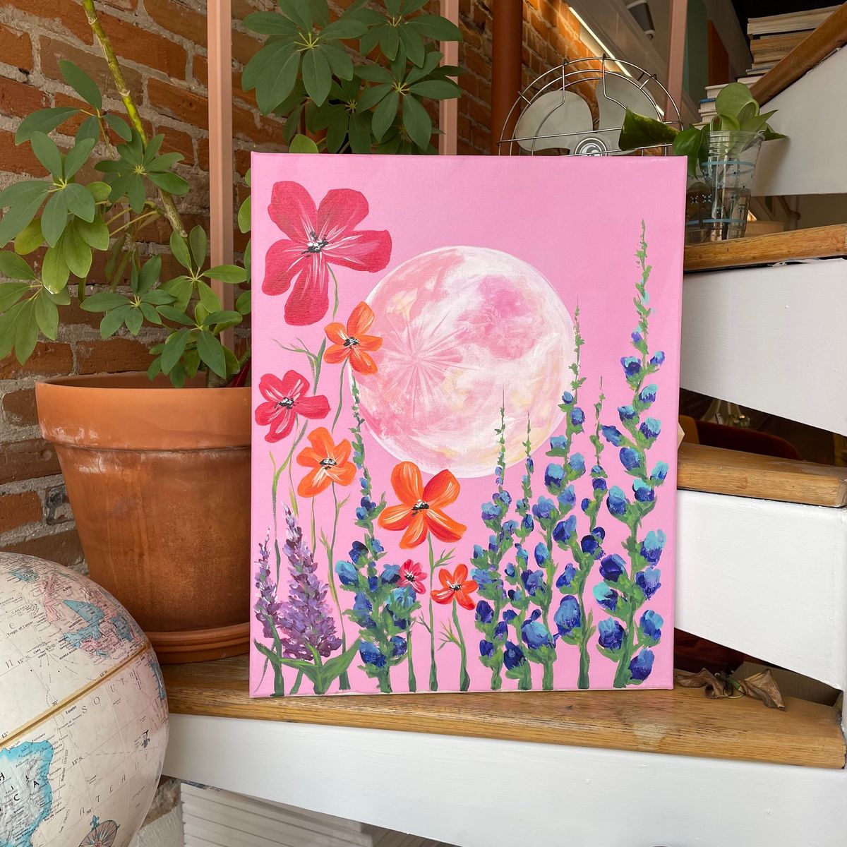 Pink Floral Moon Paint Night