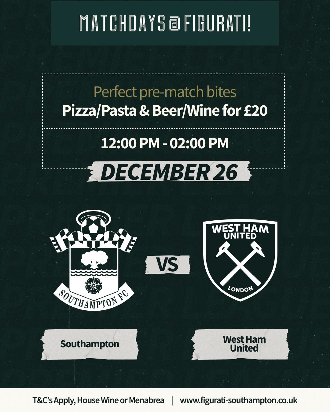 Match day \u00a320 Deal - Southampton Mens vs West Ham United