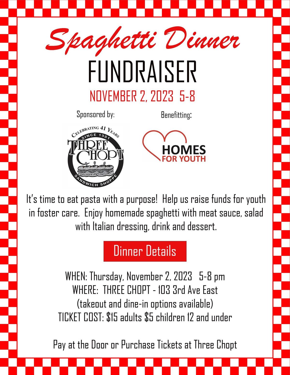 Spaghetti Dinner Fundraiser at Three Chopt