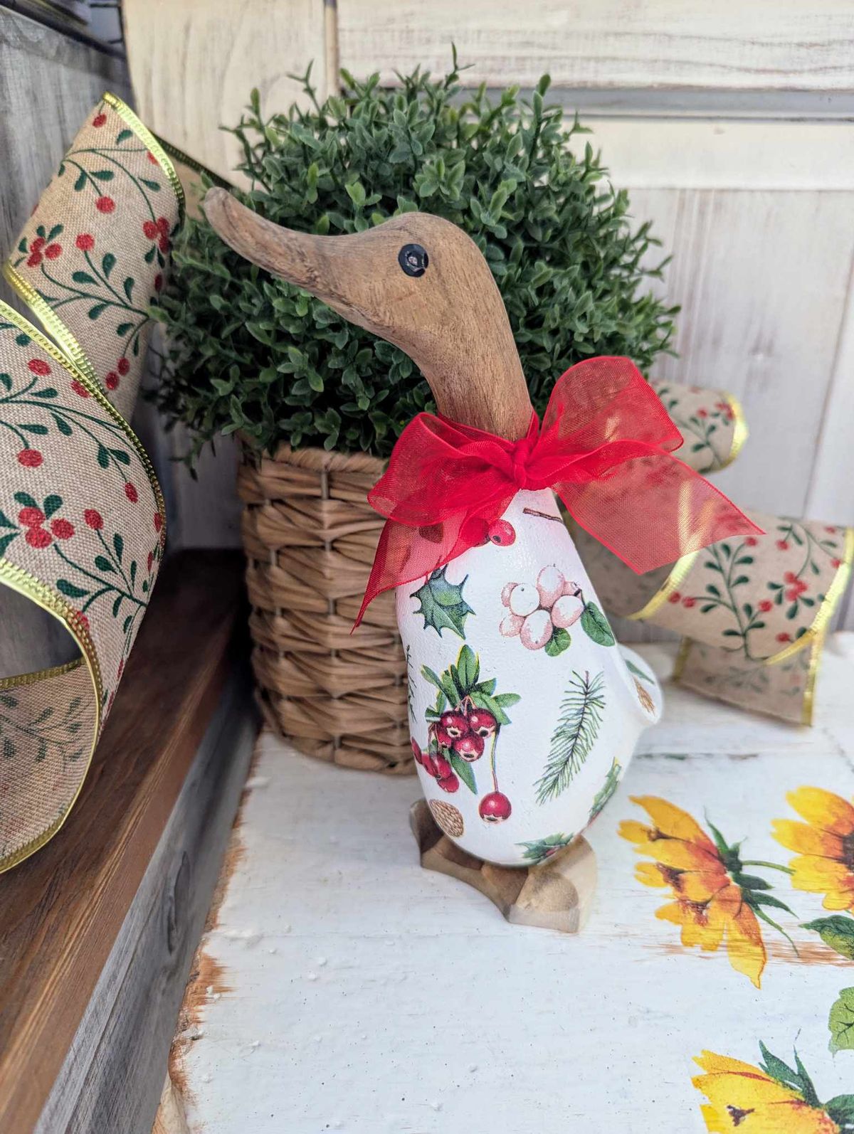 Christmas Decoupage Wooden Duck 