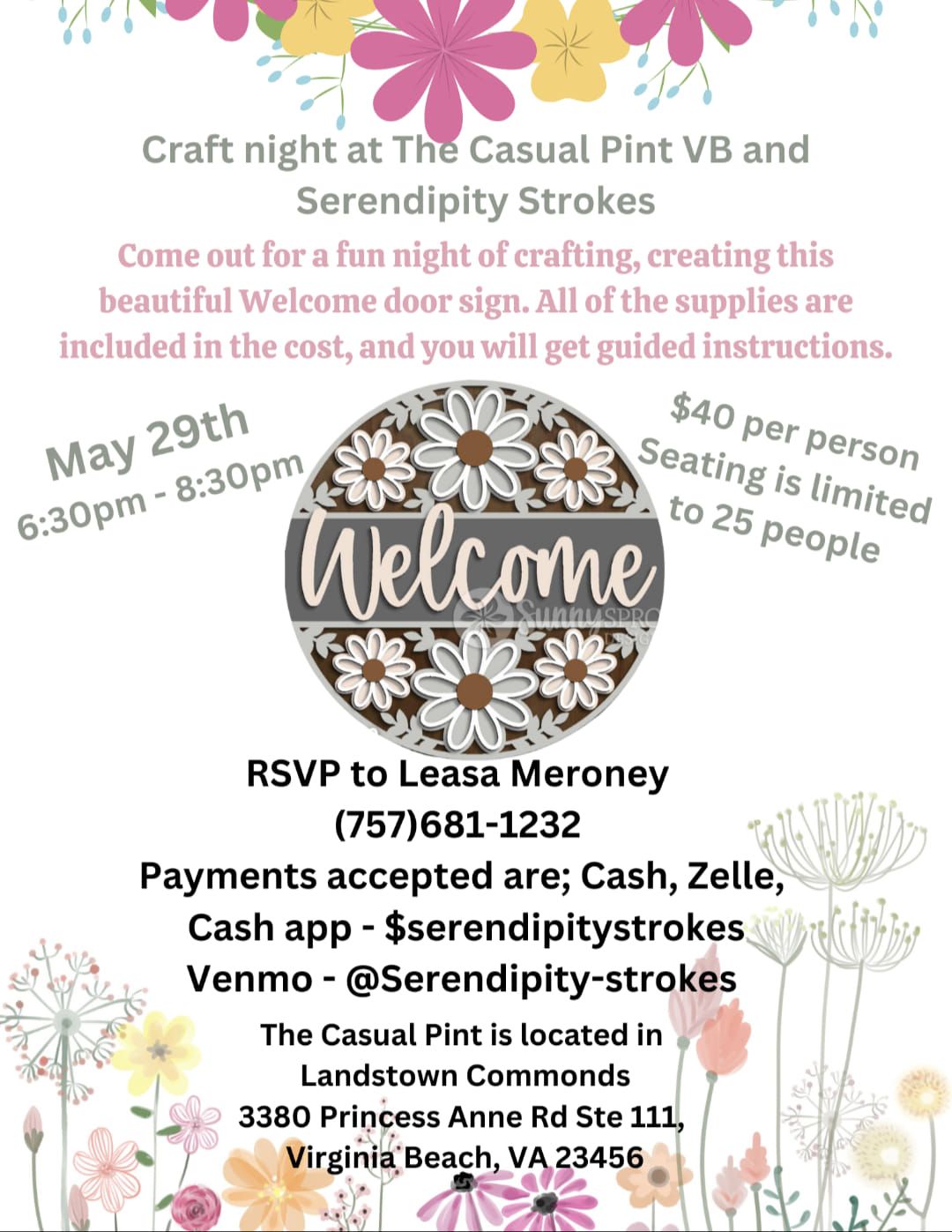 Craft Paint Event at The Casual Pint VB with Serendipity Strokes 