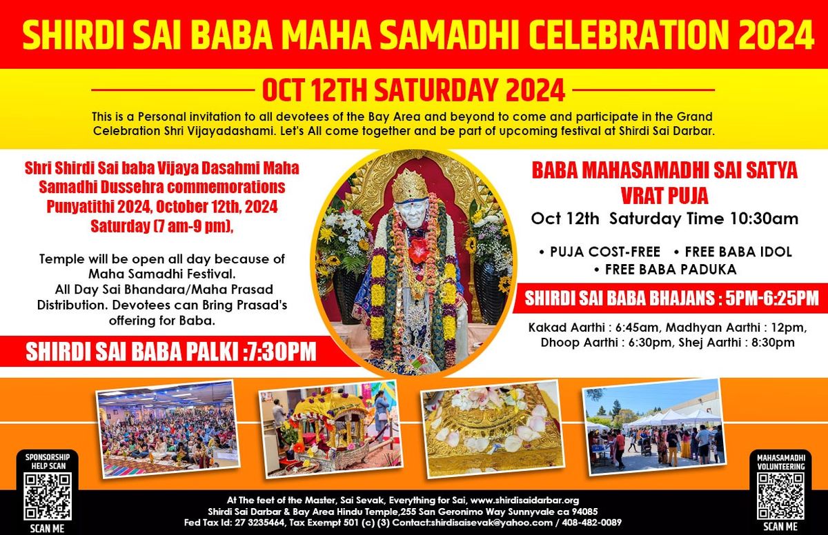 Shri  Shirdi Sai baba Vijaya Dasahmi Maha Samadhi Dussehra commemorations 2024 Sat OCT 12th 7am-9pm.