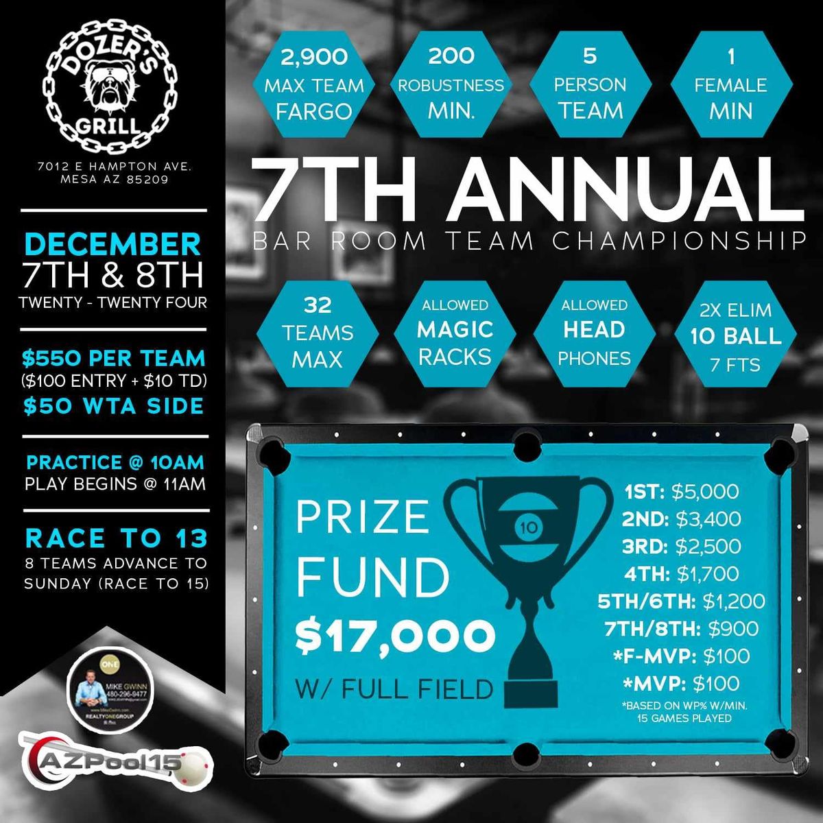 7th Annual 10 Ball Bar Room Championship @ Dozer's Grill 7012 E Hampton Ave Mesa AZ 85209