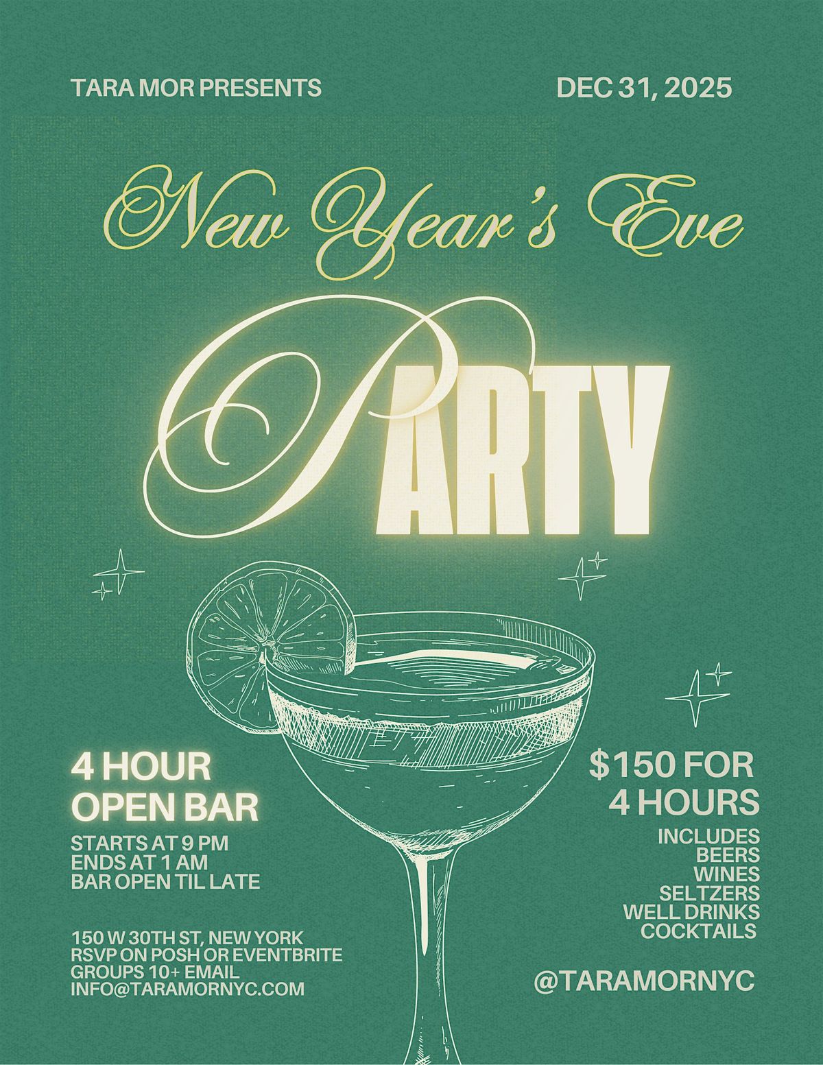 Tara Mor NYC: New Year's Eve 2026 Open Bar Party near MSG & Penn Station