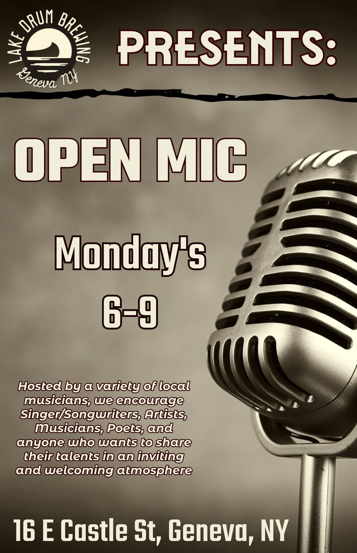 OPEN MIC @ LAKE DRUM BREWING Mondays 6-9