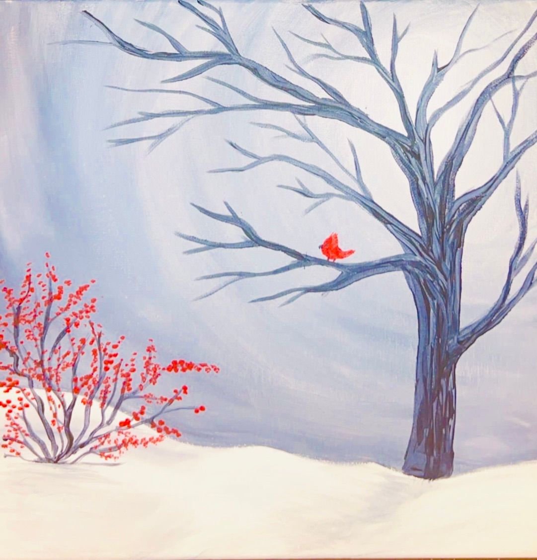 Winter Red Bird Painting Class $35  1-13-25  6:30-8:30