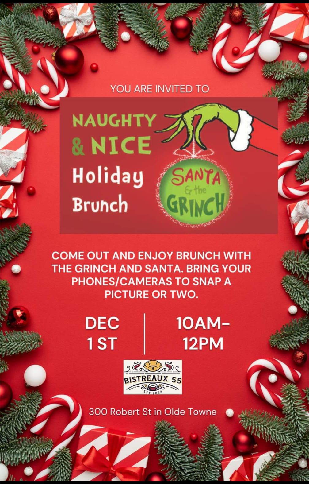 Santa and Grinch visit for Brunch 