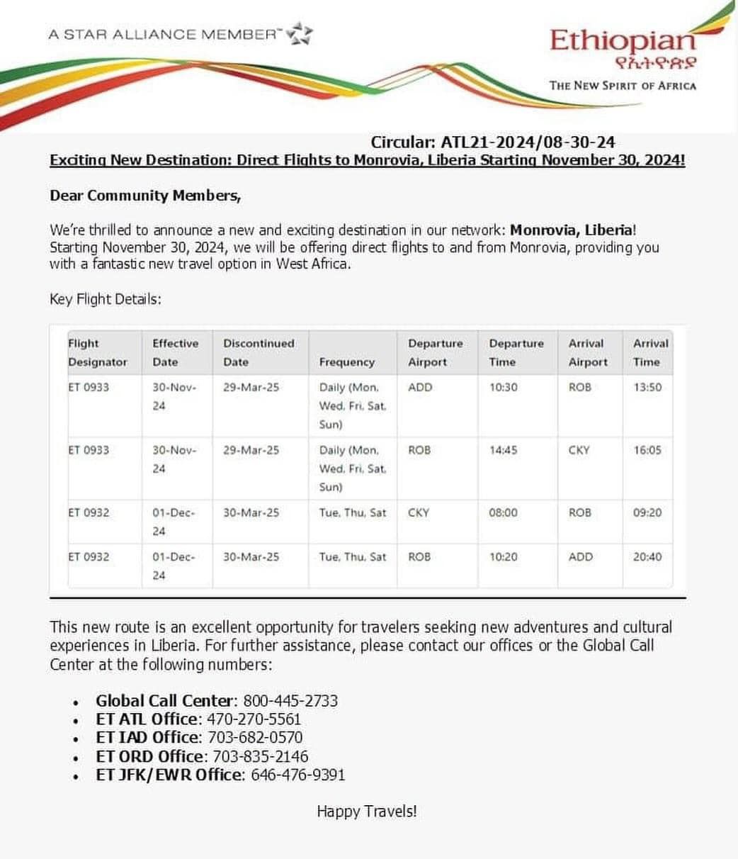 Ethiopian Airlines' Direct Flights to Monrovia