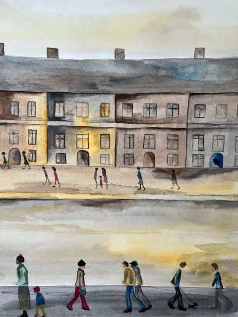 Paint a Watercolour Industrial Scene in the style of L. S. Lowry with Amina Sly-Khan 