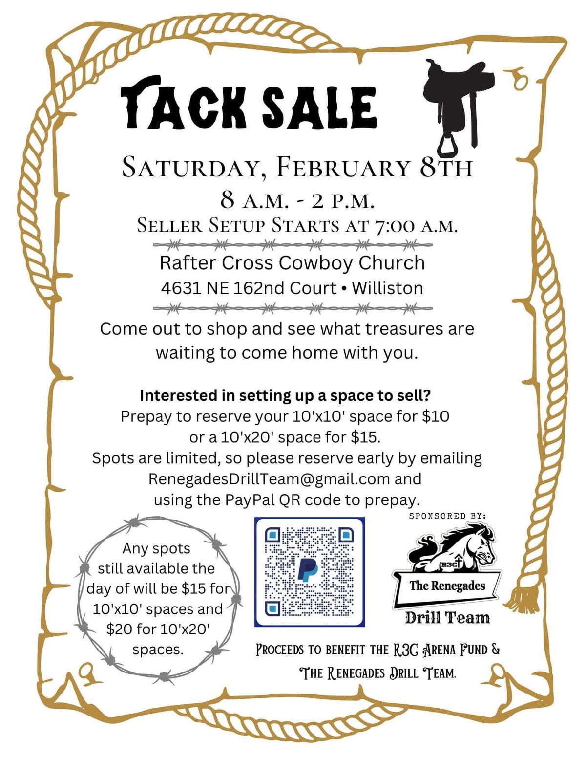 Buy & Sell Tack Sale at Rafter Cross Cowboy Church - Reserve your spot today!