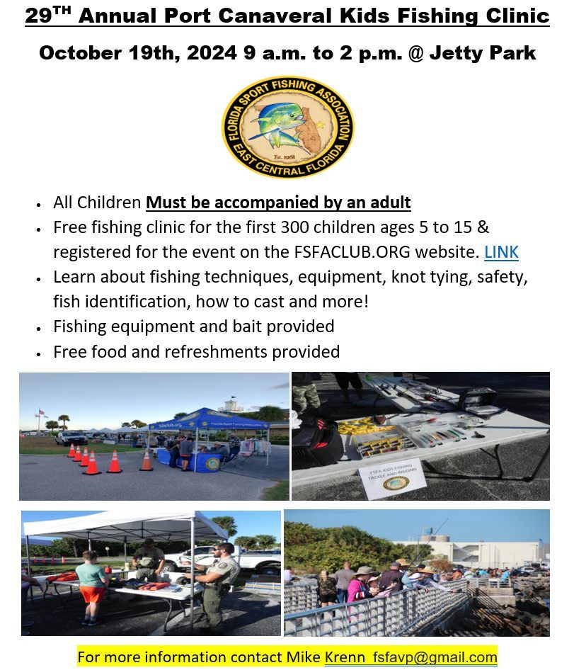 29TH Annual Port Canaveral Kids Fishing Clinic October 19th, 2024 9 a.m. to 2 p.m. @ Jetty Park