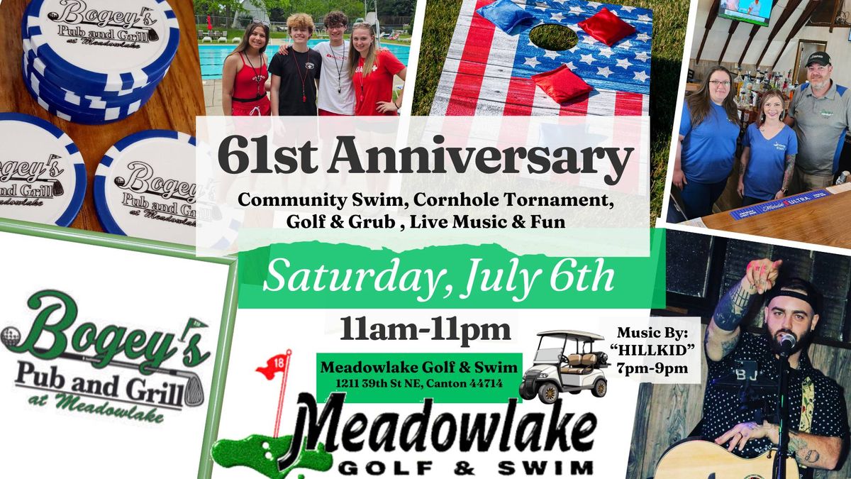 61st Anniversary: Community Swim, Cornhole Tournament, Live Music & "Golf & Grub" Date Night