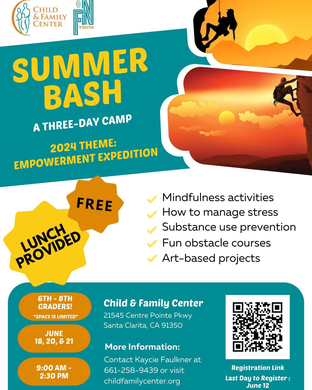Summer Bash - FREE Three-day camp by Child & Family Center for 6th-8th graders for 