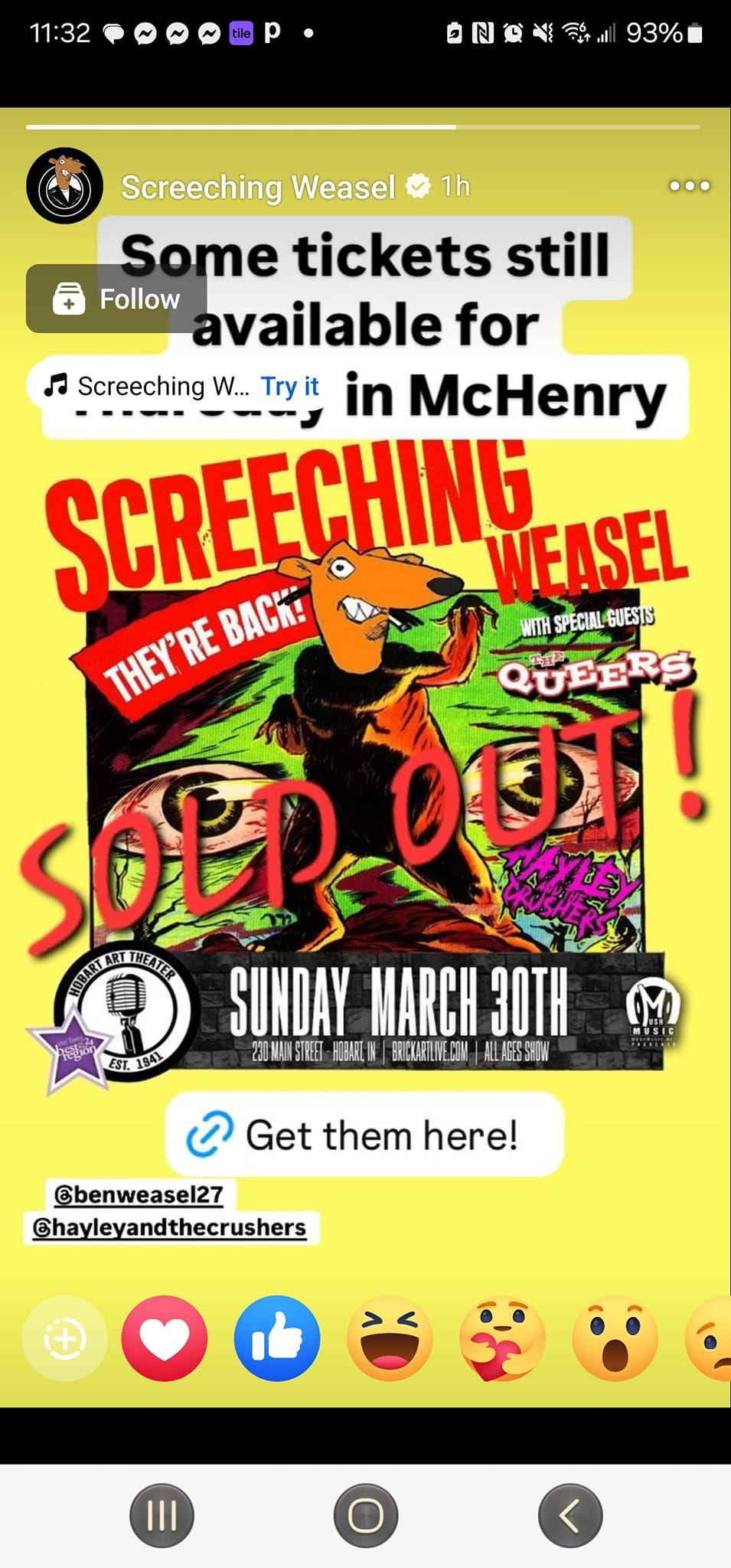 Sold out!! Screeching Weasel, The Queers, Hayley And The Crushers