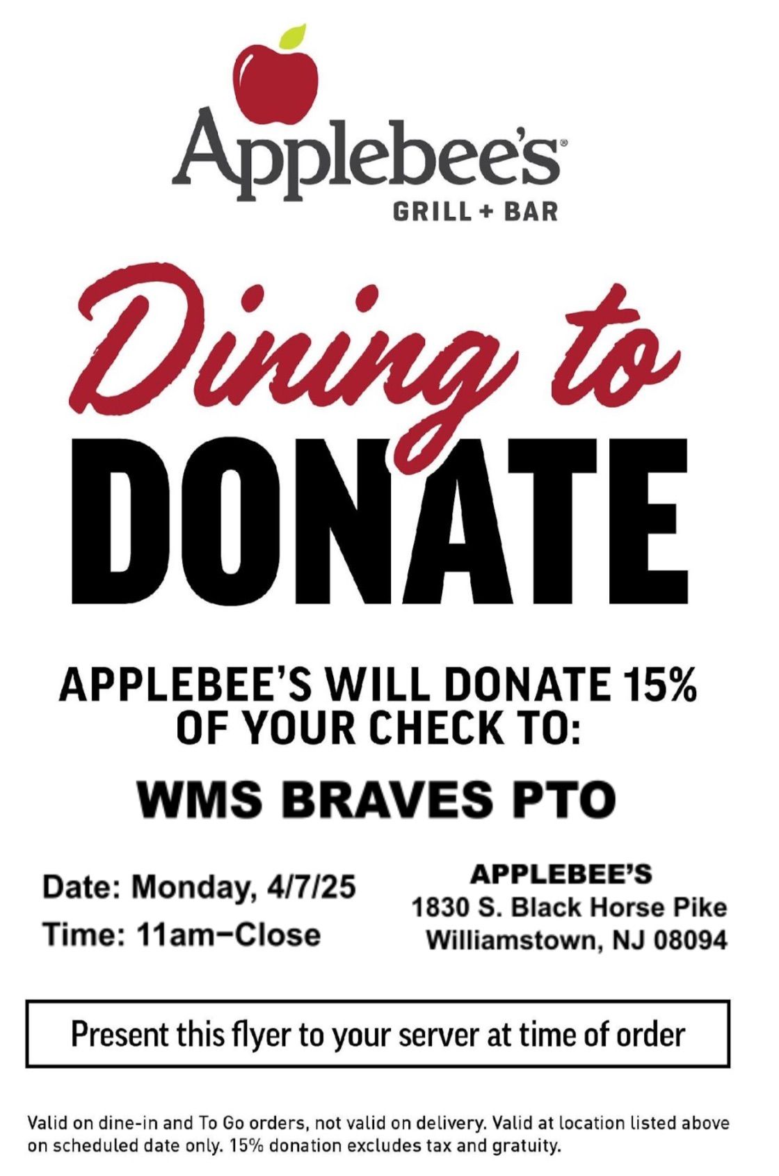 WMS\/APPLEBEE\u2019S DINING TO DONATE