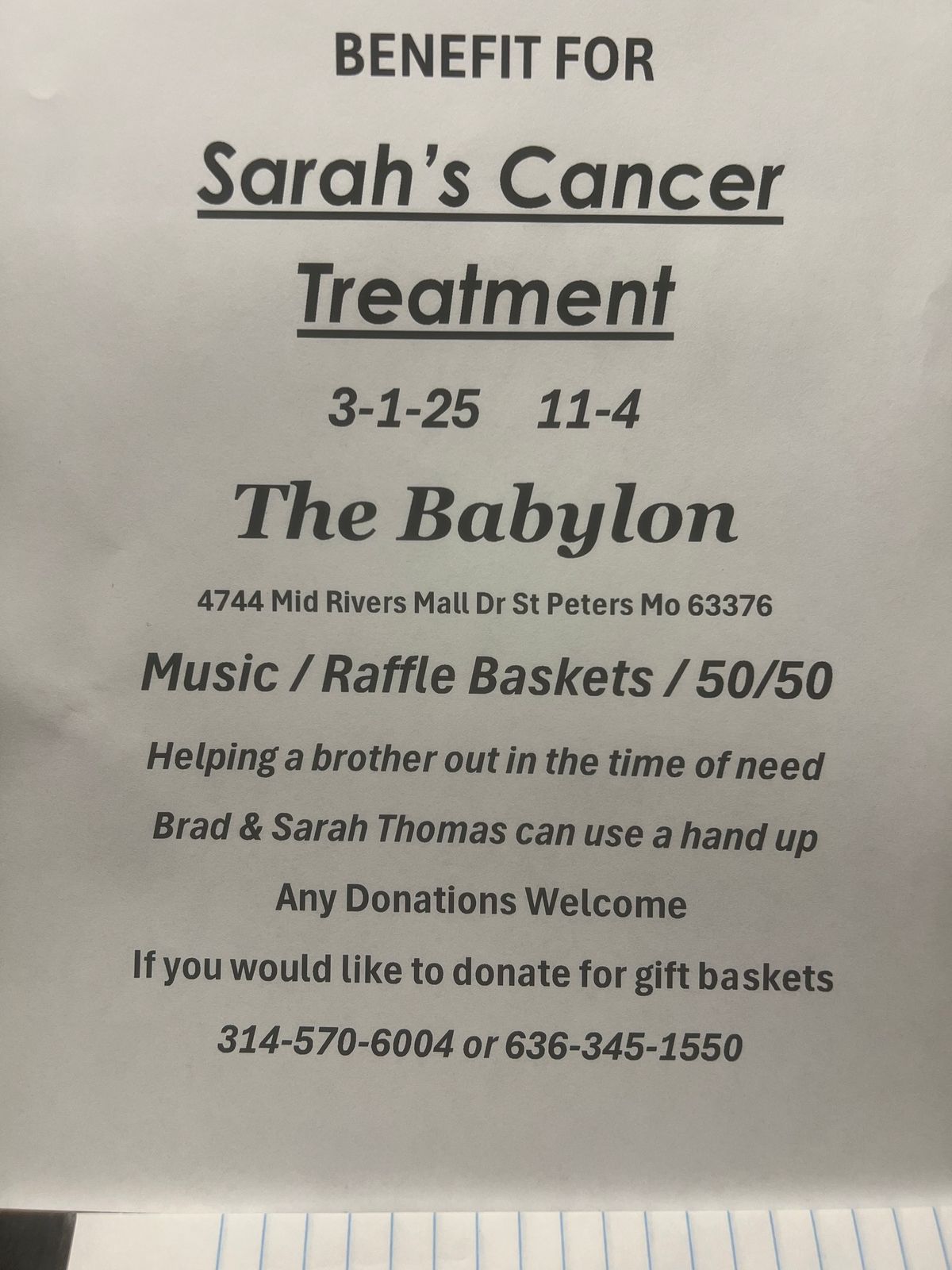 Benefit  for Sarah Thomas 