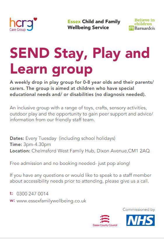 SEND Stay, Play and Learn session for 0-8yr olds  @ Chelmsford West Family Hub (Every Tues 3-4.30pm)