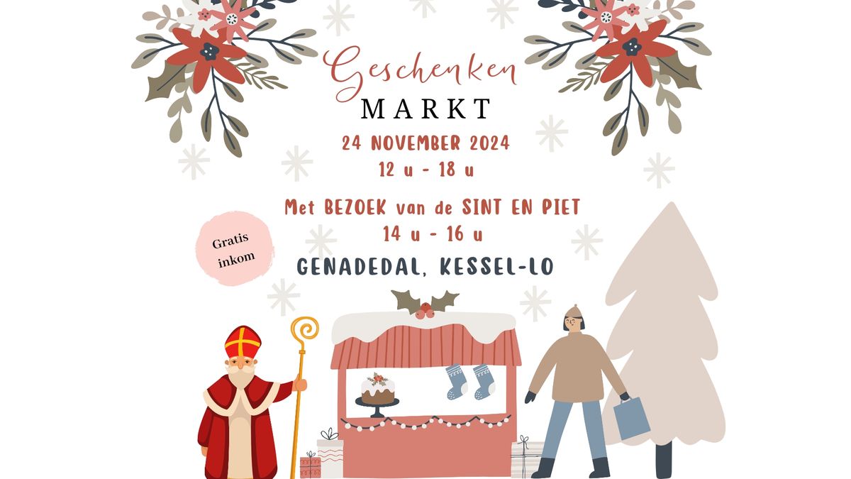 Geschenkenmarkt met bezoek van Sinterklaas en zwarte piet