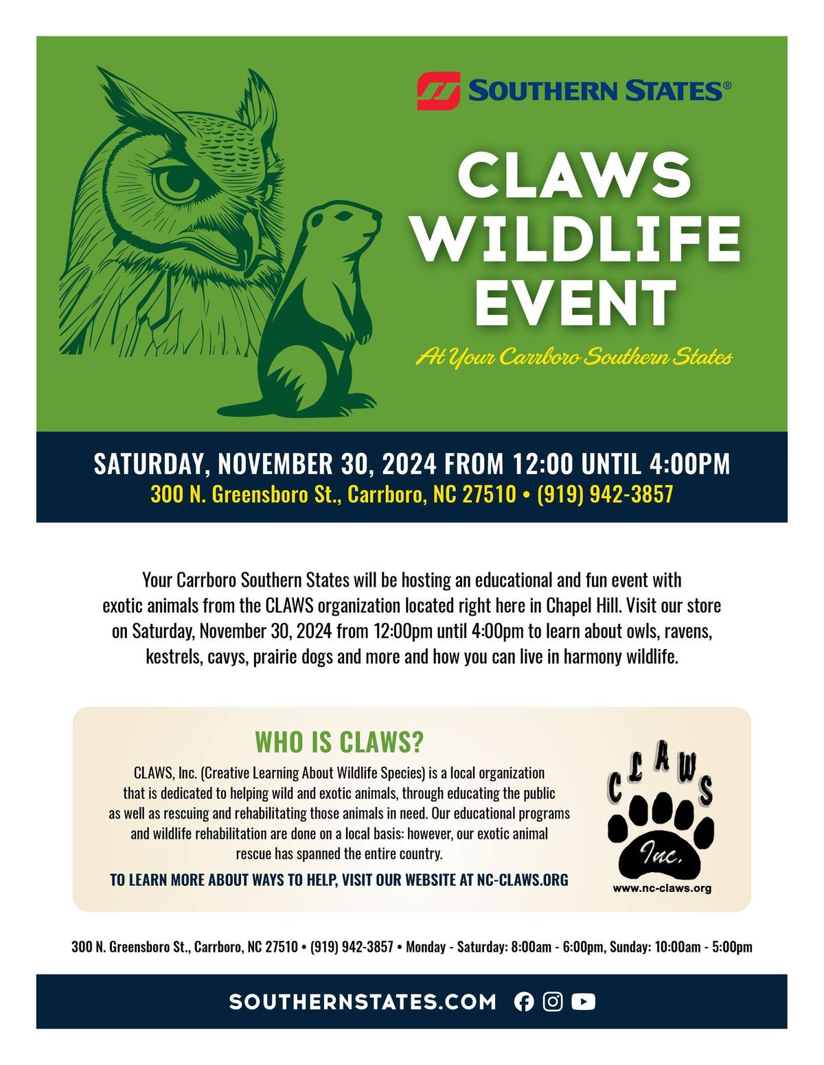 CLAWS Wildlife Event at Southern States Carrboro