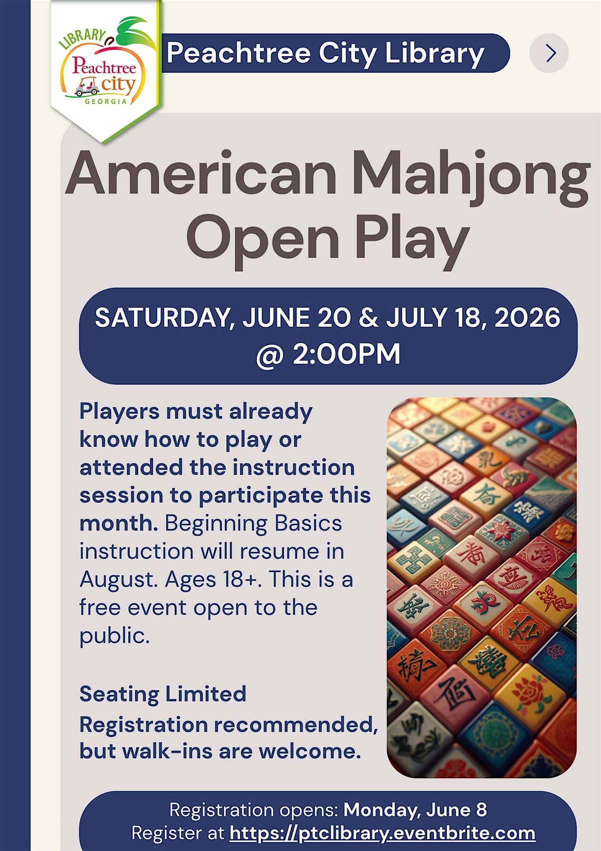 June Mah American Mahjong Open Play - June 2026, Peachtree City Library, 20 June ...