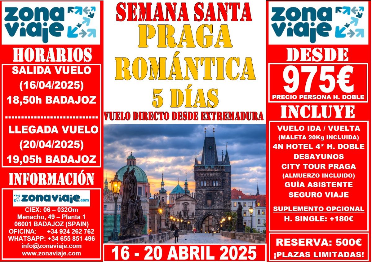 SEMANA SANTA 2025 || PRAGA ROM\u00c1NTICA 5 D\u00cdAS (VUELO DIRECTO desde BADAJOZ)