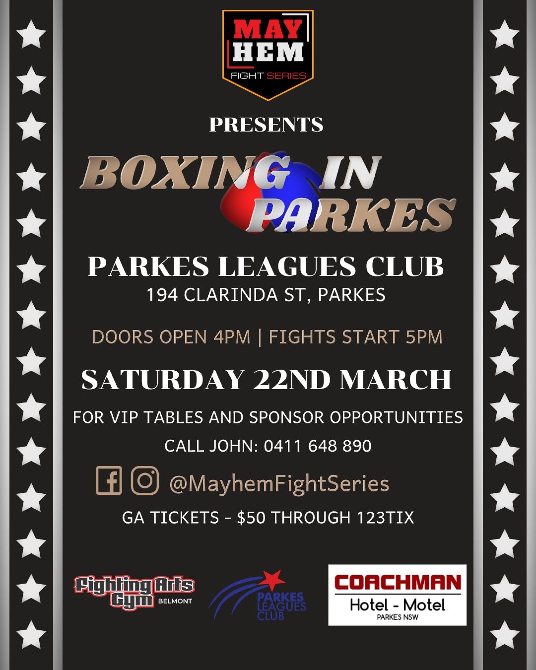 \u201cBoxing in Parkes\u201d presented by Mayhem Fight Series