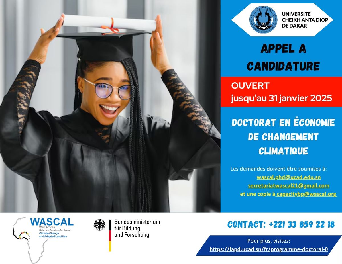 Date de cl\u00f4ture pour l'appel \u00e0 candidature du programme doctoral de Wascal UCAD 