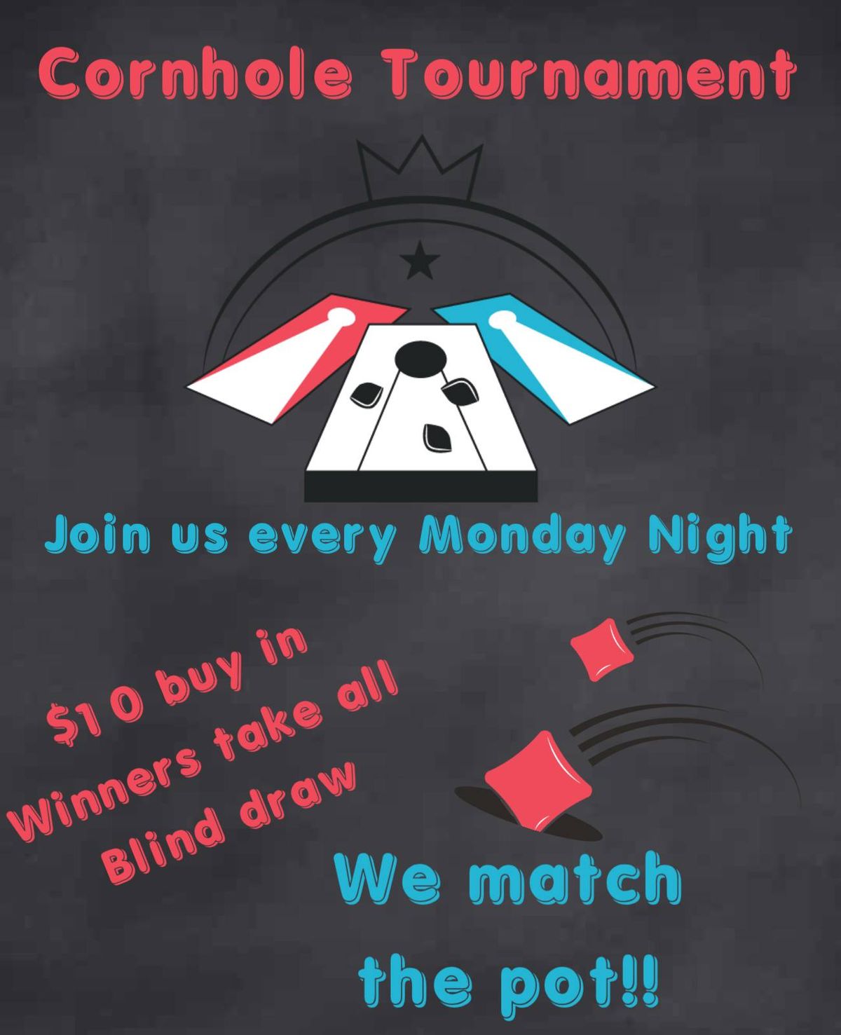 Cornhole Tournament every Monday night!!