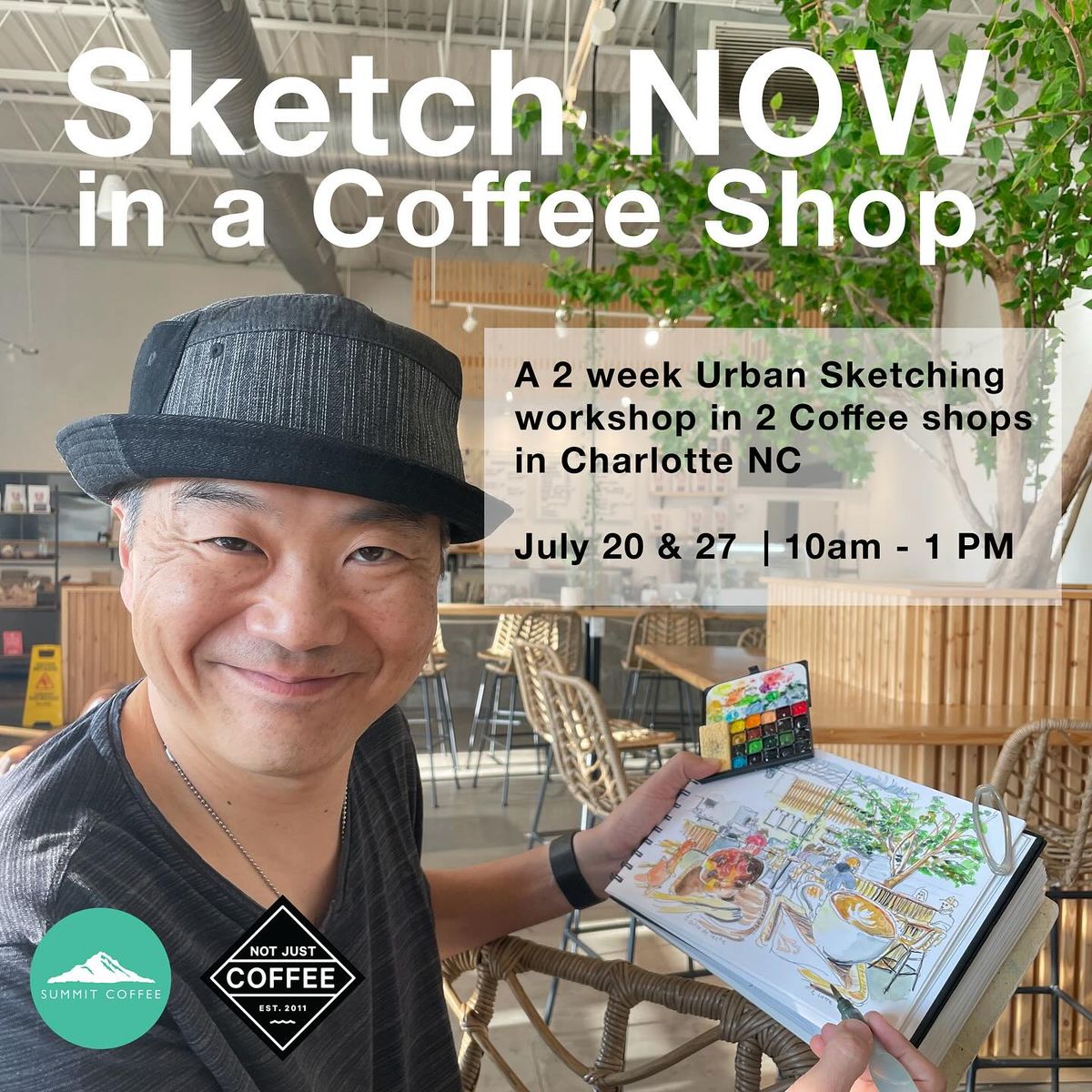 Sketch NOW in a coffee shop. A 2 week in-person Urban Sketching workshop