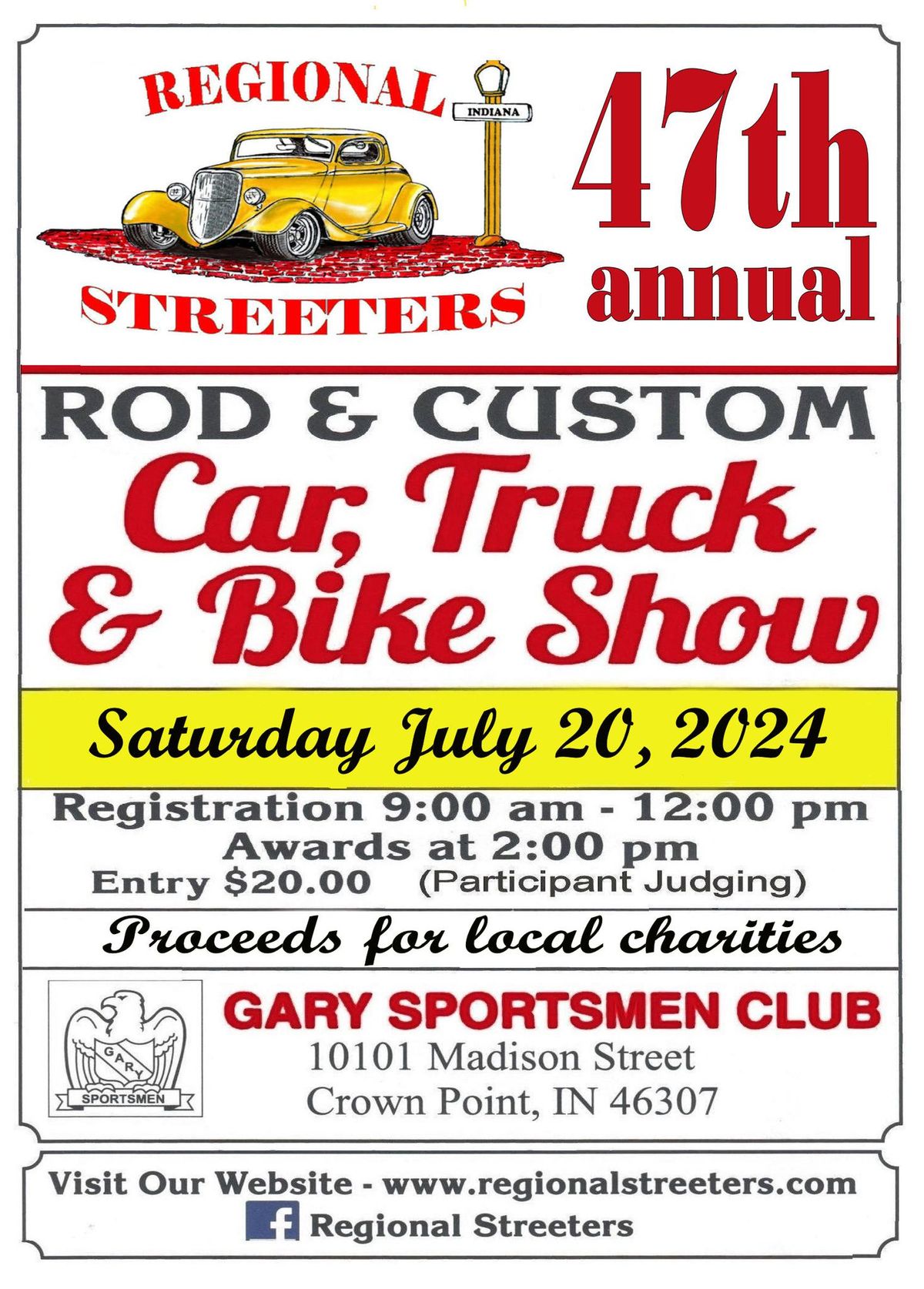 47th Regional Streeter car show. Come out and enjoy some time with us.