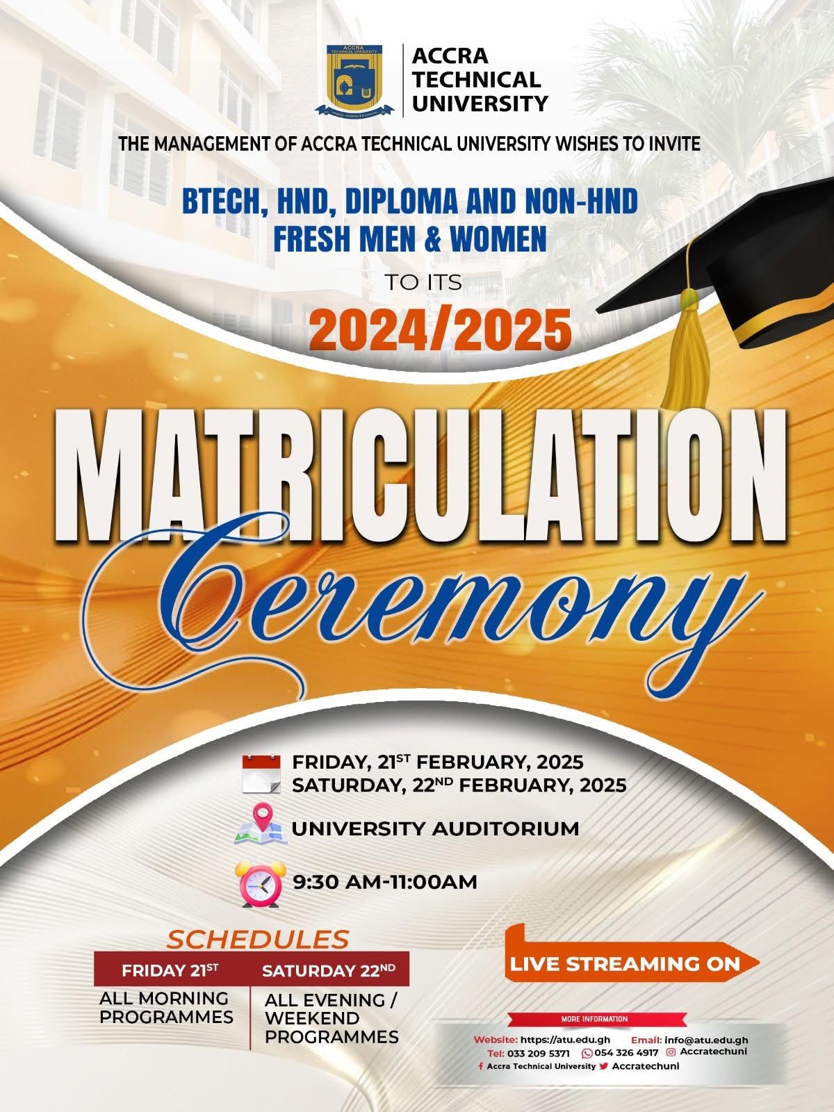 Accra Technical University Matriculation for Freshmen and Women