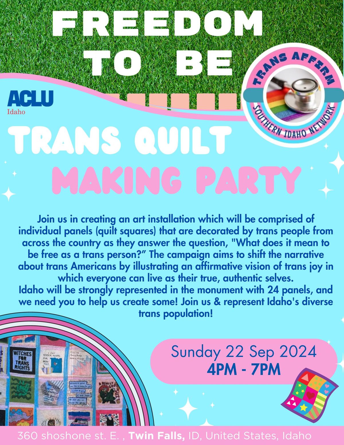 Freedom To Be: Trans Affirm & ACLU Trans Quilt Making Party Twin Falls\ud83c\udff3\ufe0f\u200d\u26a7\ufe0f